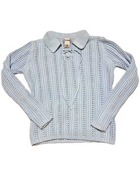 NOMI Pointelle Lace Up Collared Sweater Preppy Soft Girl Cottagecore